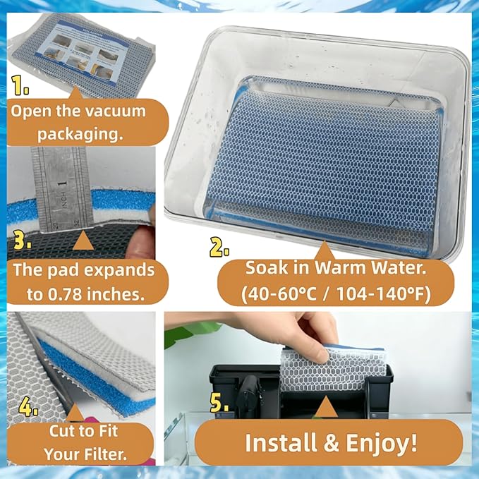 Esponja de filtro de aquário não tecido de 8 camadas, trim-to-fit, fibra ES, geométrica