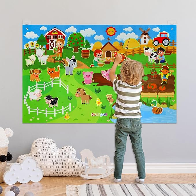 Conjunto de storyboard de feltro colorido de animais de fazenda com quadro interativo de 3,5 pés, 38 peças, para meninos e meninas de 2 a 4 anos 